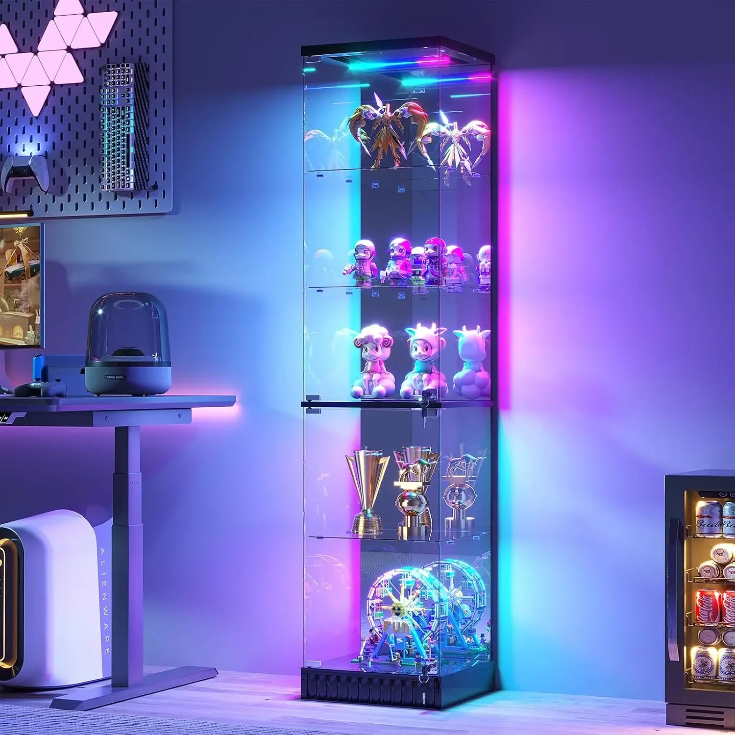 Black Lockable Display Cabinet with LED Motion Sensor Light for Collectibles 5 Tier Curio Shelf Explosion Proof Glass Bookcase