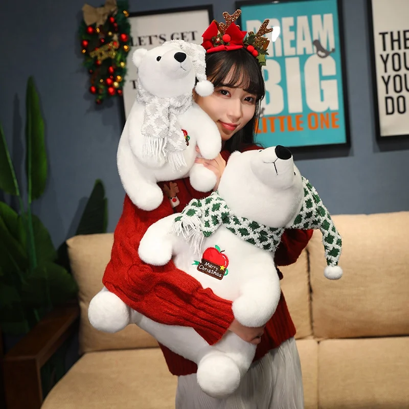 Cute 30/45CM Christmas Series Polar Bear Plush Toys Lovely White Bear Wears Hat Scarf Pillow Xmas Decor Birthday Gift