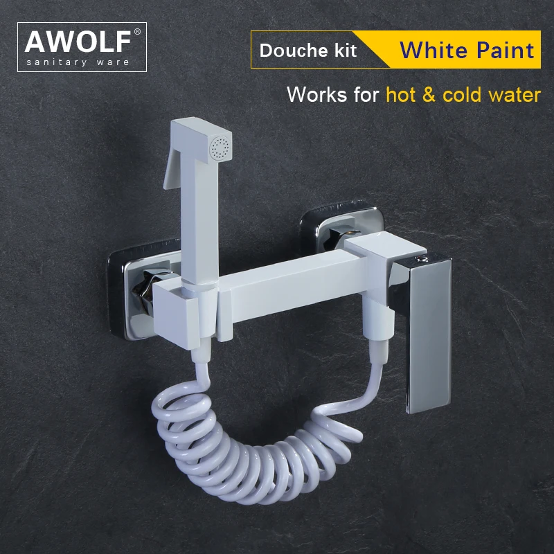 

Awolf Solid Brass Bidet Faucet White Cold and Hot Mixer Handheld Toilet Bidet Sprayer Set Shattaf Shower Toilet Washer AP2226
