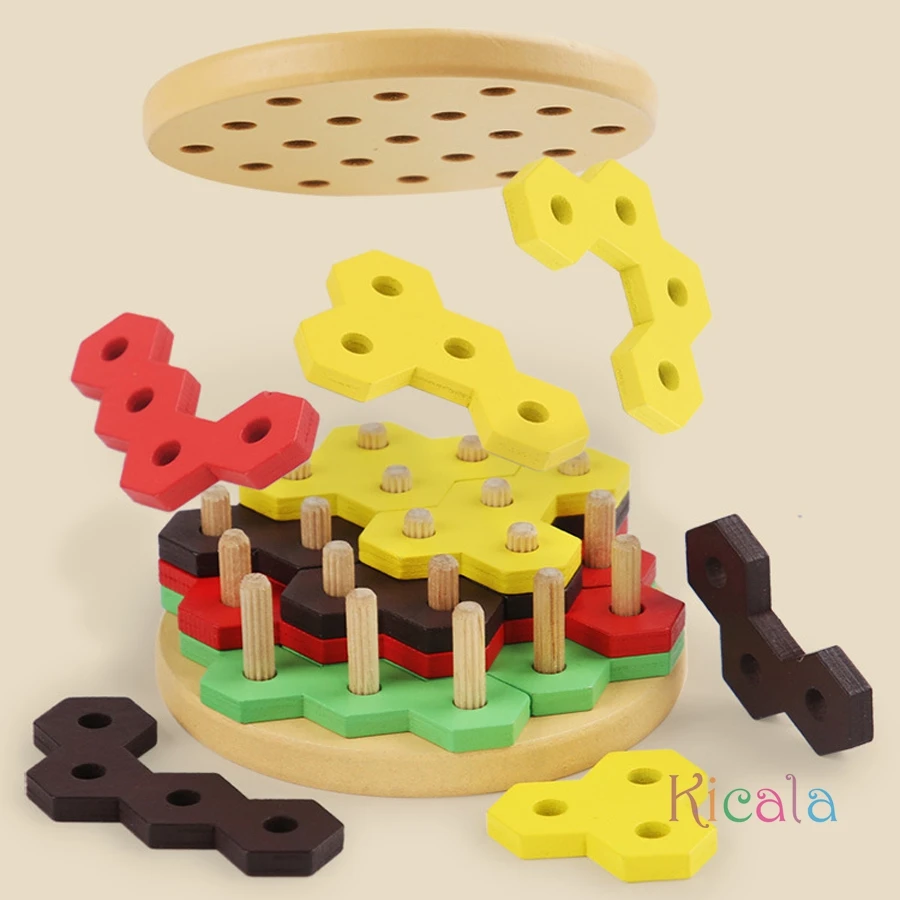 Montessori Hamburger Building Blocks Ordinamento e impilamento geometrici in legno Giocattolo Gioco di puzzle a colori per l'apprendimento educativo precoce