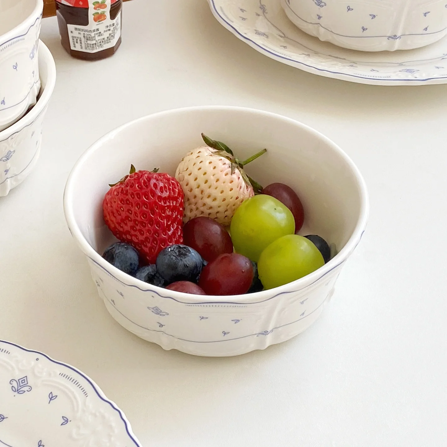 Rabbit Seven Middle Ages Ceramic Small Bowl Blue Flower Relief Dessert Bowl Yogurt Fruit Salad Small Soup Bowl Fruit Bowl