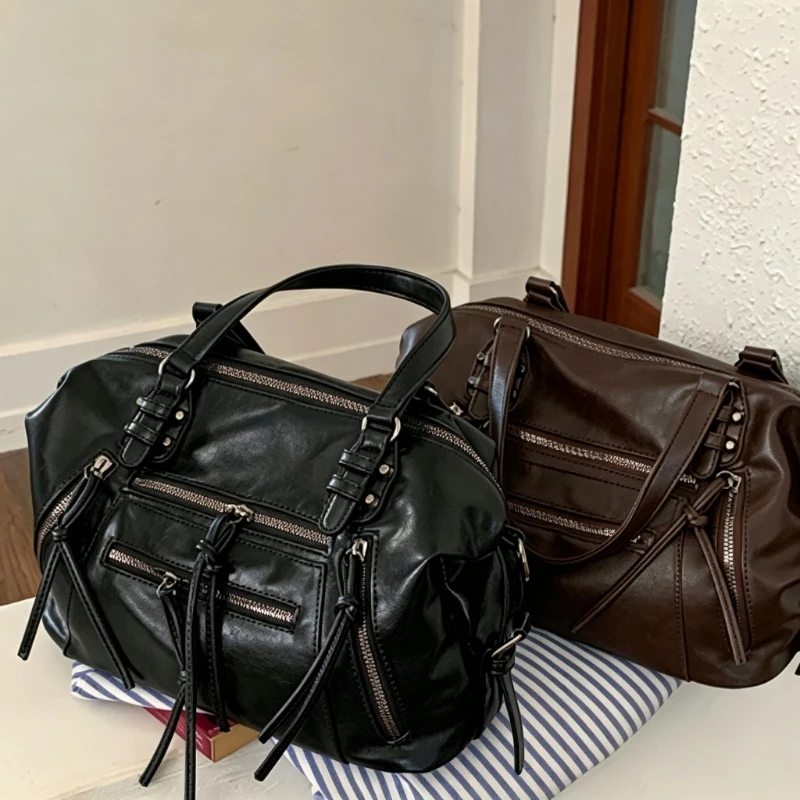 Vintage Leather Tote Bag Multi-pocket Large Capacity Handbag Y2k Solid Color Motorcycle Bag Adjustable Commuter Crossbody Bag