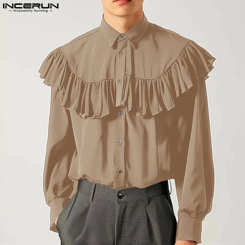 INCERUN Men Blouse Turn Down Collar Long Sleeve Solid Color Ruffled French Style Shirts Elegant Casual Loose Button Up Blusas