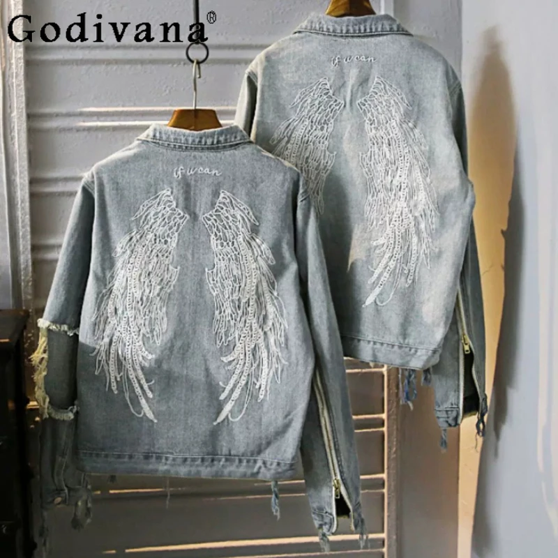 Spring Autumn New Heavy Industry Embroidery Women Retro Blue Denim Jacket Fashion Loose Versatile Long Sleeve Street Coat
