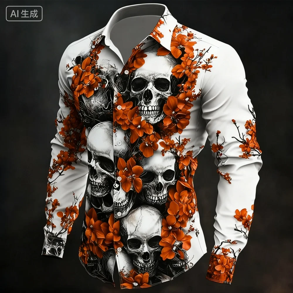 Men's Classic Skull 3D Printed Halloween Shirt Long Sleeved Lapel Comfortable Holiday Party Clothing 11 Colors to Choose from
