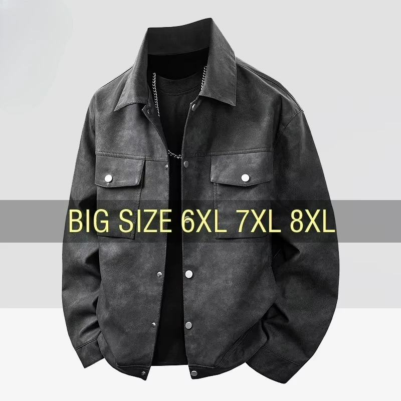 Leather Jacket Men Suede Coats Black Pockets Oversized 6XL 7XL 8XL Plus Size Street Motorcycle Button Autumn Brand Waterproof