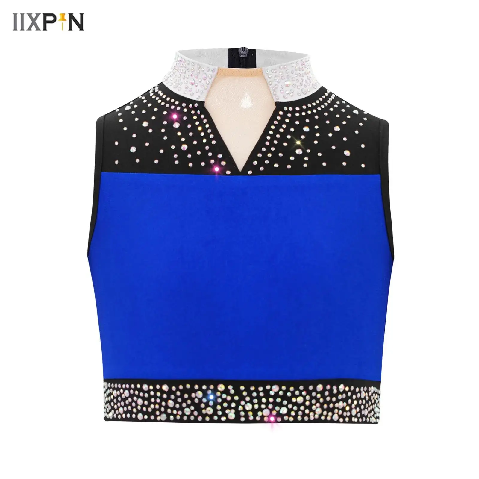 

Kids Girls Ballet Dance Performance Costume Glittery Rhinestones Sleeveless Crop Top Vest Gymnastics Figure Skating Dancewear