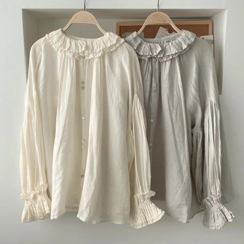 Johnature 2024 Autumn New Vintage Linen Button Mori Womens Tops And Blouses Ruffles Collar Loose Solid Color Female Shirts