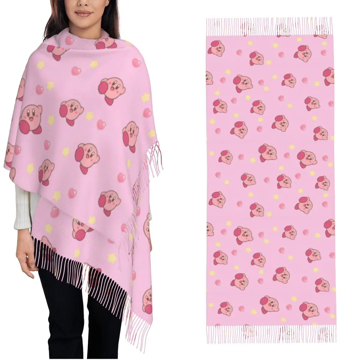 Womens Scarf with Tassel K-Kirbys Cartoon Stars Kawaii Large Winter Fall Shawl Wrap Anime Game Cute Daily Wear Pashmina Scarves