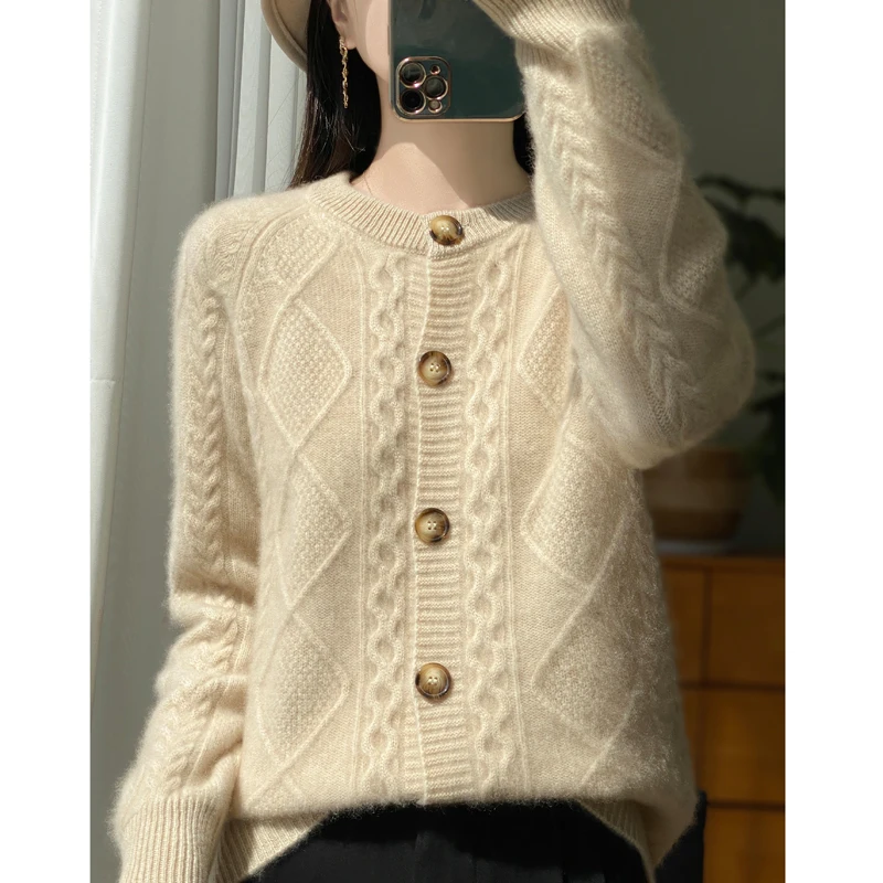 Women Autumn Winter Cashmere Sweater Thick Cardigan 100% Merino Wool O-Neck Knitwear Female  Soft Casual Rhombus Knitting Top