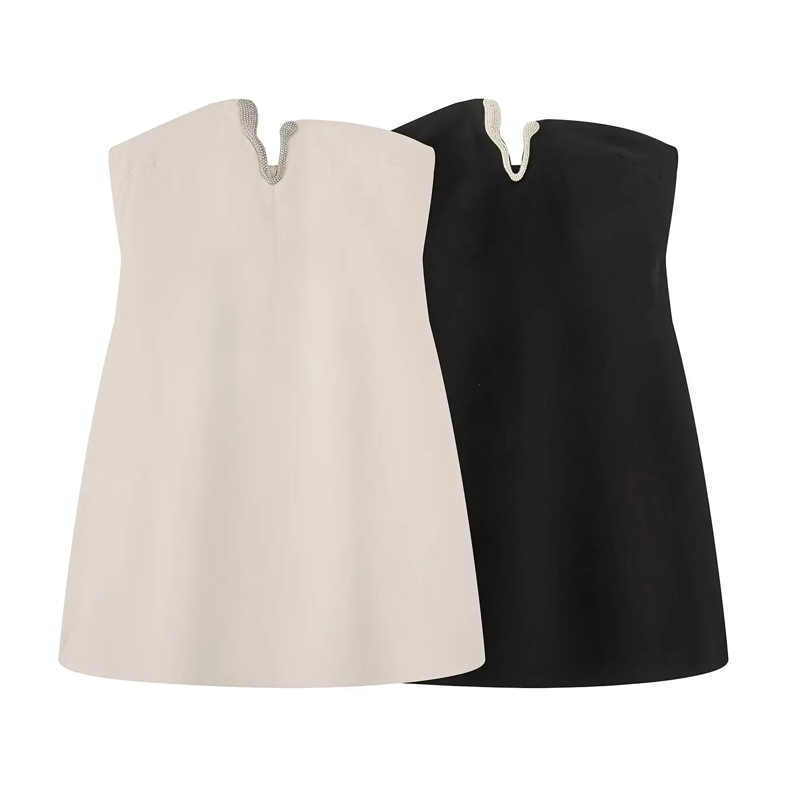 فستان HH نسائي قصير أنيق بدون حمالات للحفلات بدون أكمام مكشوف الأكتاف وحجر الراين وسحاب جانبي مزخرف على شكل حرف a