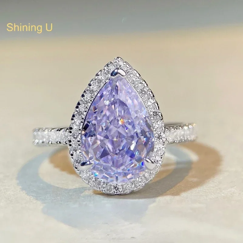 

Shining U S925 Silver Pear Lavender Purple High Carbon Diamond Gems Ring for Women Fine Jewelry Anniversary Summer