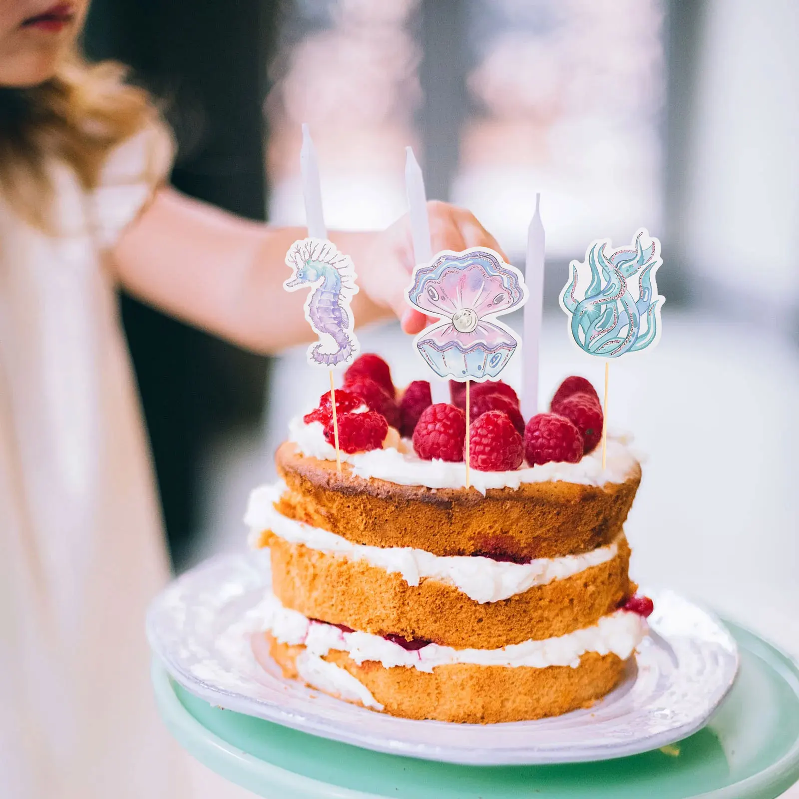 

12Pcs Glitter Mermaid Cake Insert ornament Seahorse Star fish Cake Topper Cupcake Dessert Topper Baby Shower Birthday cake decor