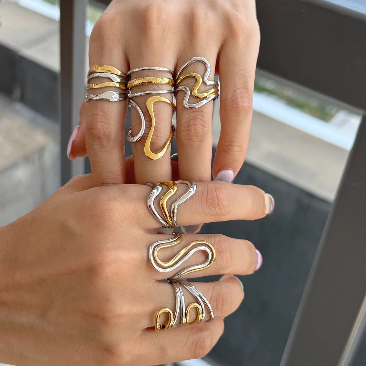 

AIKOER Minimalist 18K Gold Color Plated Stainless Steel Two-Tone Irregular Line Ring Stackable Multi-Layer Ring Women's Jewelry