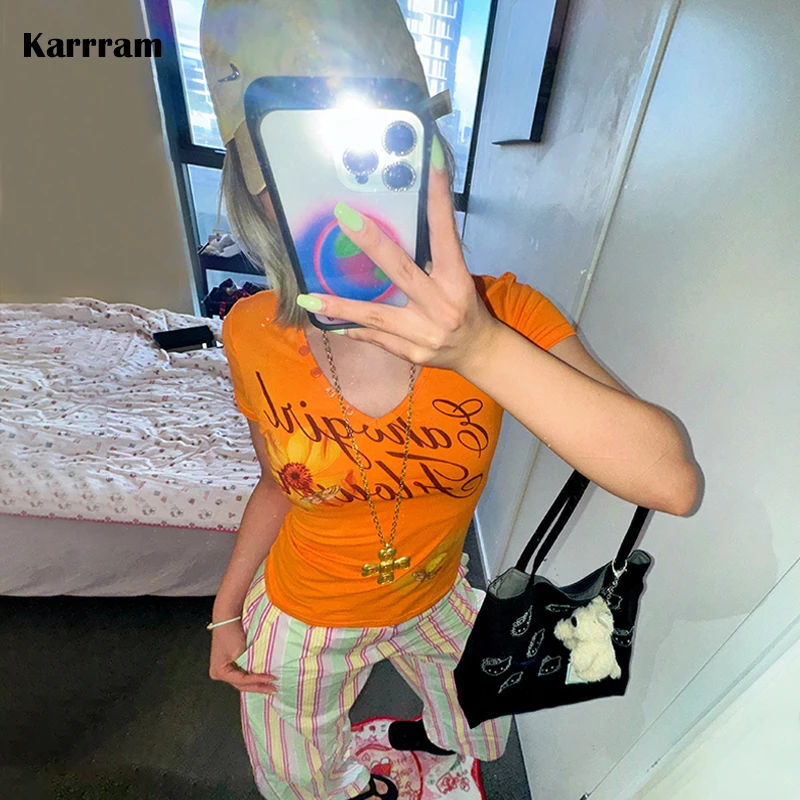 Karrram Japanese Y2k Letter Flower Print T-shirt 2000s Style Orange V-neck Tops Vintage Harajuku Short Sleeve Tee Shirt American