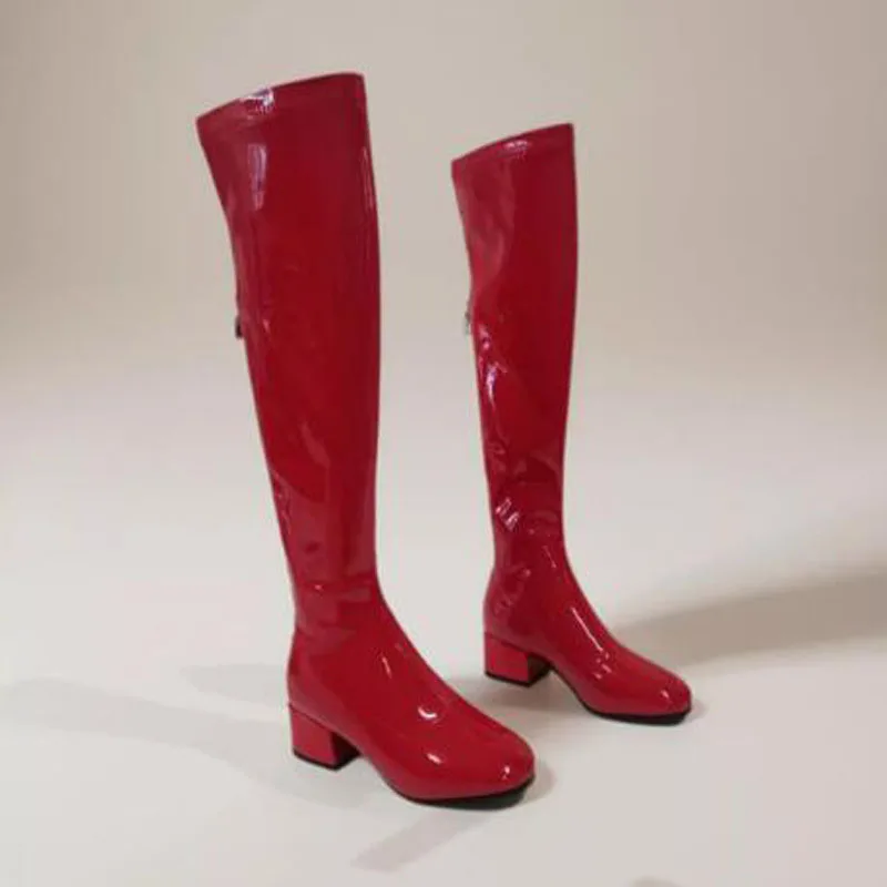 Red Gold Orange Patent Leather Round Toe Zipper Back Med Heels Over The Knee Boots Women Fashion Parent-child Leisure Long Boots