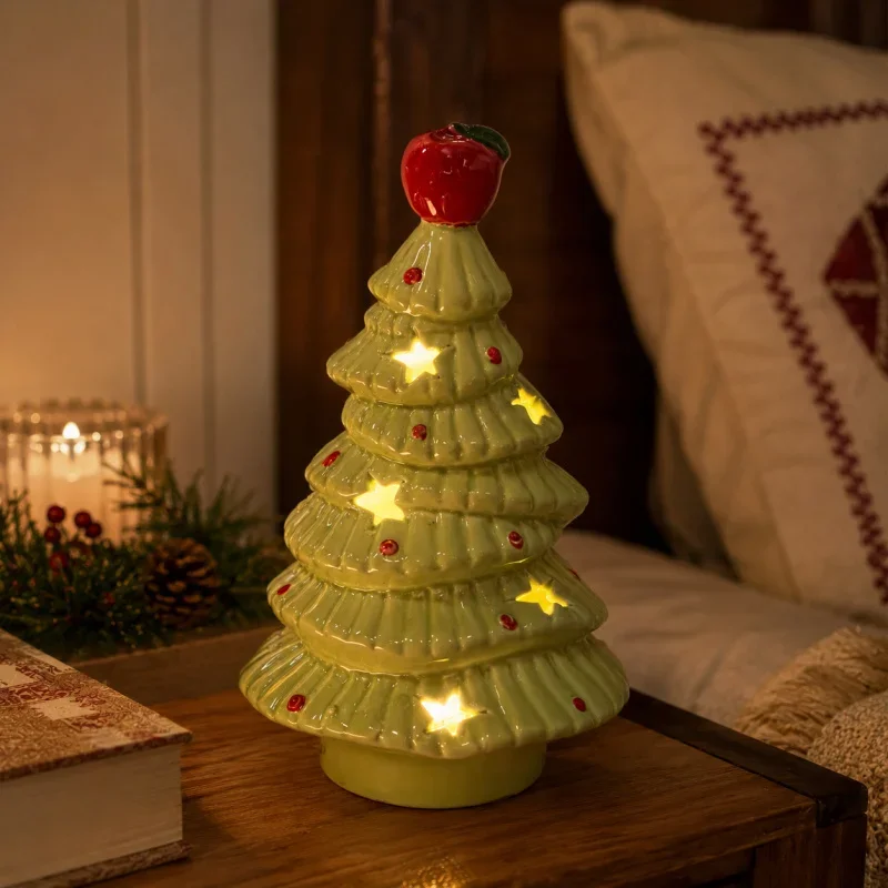 Ceramic Christmas Tree Apple Night Light, Cozy Bedside Lamp, Ambient Bedroom Desk Decor, Holiday Birthday Gift for Women Girls