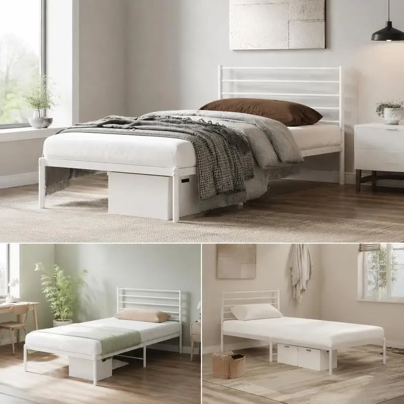 Cadre de lit métallique en acier thermolaqué 90 x 200 cm, structure stable avec sommier à lattes et pieds centraux, design classique élégant, espace sous le lit pratique, bon soutien dorsal, idéal