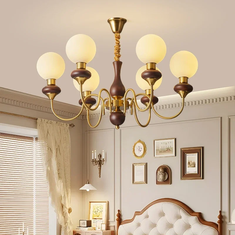 

French Style Living Room Hall Chandelier Retro Style Bedroom LED Lamp Walnut Color Dining Room Ceiling Lamp Lighting Fixtures