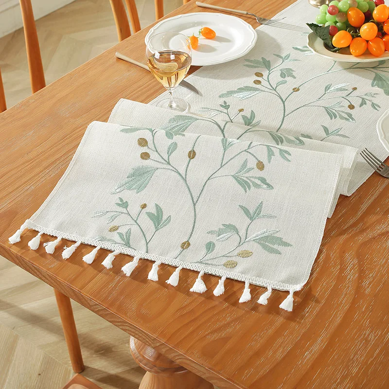 Cotton Linen Embroidered Table Runner, Willow Leaf Table Runners, Rustic Farmhouse Table Runner for Dining Parties Wedding Decor