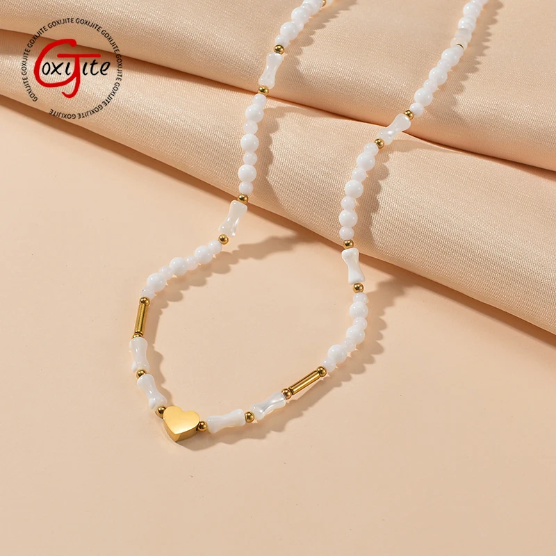 Goxijite Hot Sale Gold Color Stackable Beaded Necklace Stainless Steel White Beads Heart Necklaces For Women Party Jewelry Gift