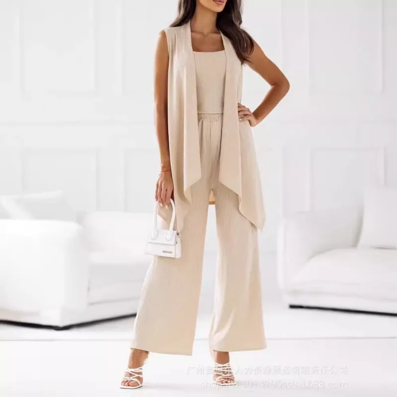 2024 Spring Summer New Women's Solid Color Sleeveless Asymmetric Mid-Length Cardigan Camisole Wide-Leg Bell-Bottoms Suit