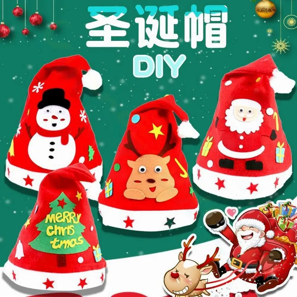 DIY Handmade Christmas Hat Non-woven Fabric Santa Claus Snowman Xmas Cap Toys for Kindergarten Children New Year Gifts