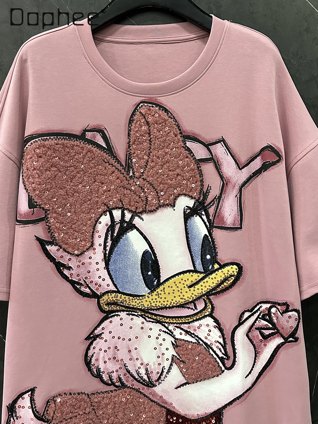 2025 Autumn New Heavy Industry Flocking Embroidery Cartoon Short Sleeve T-Shirt for Women Loose Casual Sweet Style Pink Top