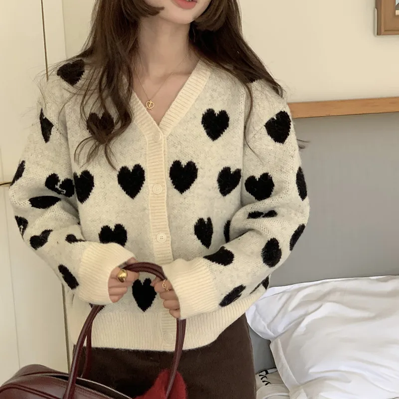 

Женский осенне-зимний однобортный винтажный свитер с длинными рукавами и принтом сердца в стиле ретро, свободная вязаная куртка