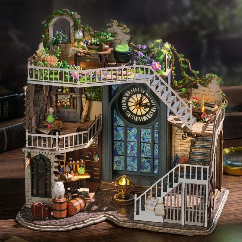 CUTEBEE DIY Miniature Dollhouse Magic Cathedral Wooden Doll House Kit with Furniture Roombox Magic Academy Toy for Birthday Gift