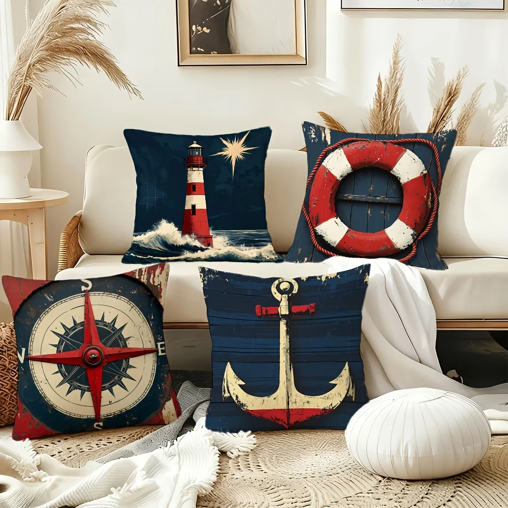 Set of 4 Printed Nautical Throw Pillow Covers Coastal Beach Decor Cushions Maritime Lighthouse Anchor Compass Design