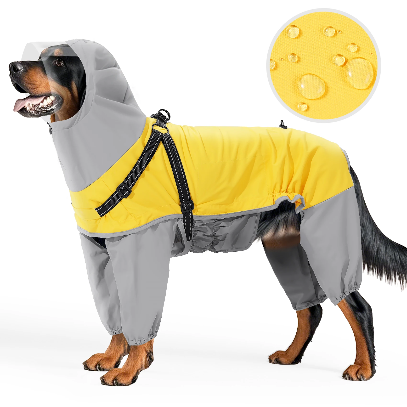 Waterproof Dog Raincoat, Four-Legged Hooded Jacket with Integrated Harness and Reflective Strip, Full-Body Protection