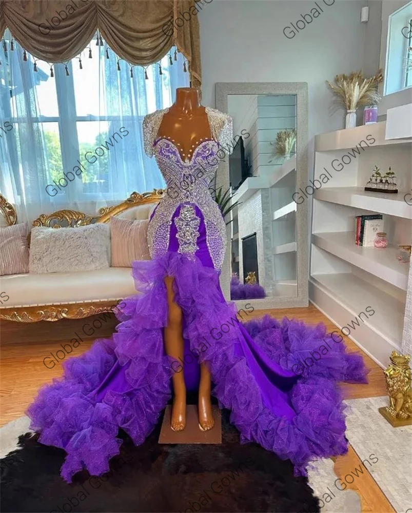 Purple Long Prom Dress 2025 Beaded Rhinestone Birthday Party Dresses Crystal Ruffles High Slit Evening Gown Customized