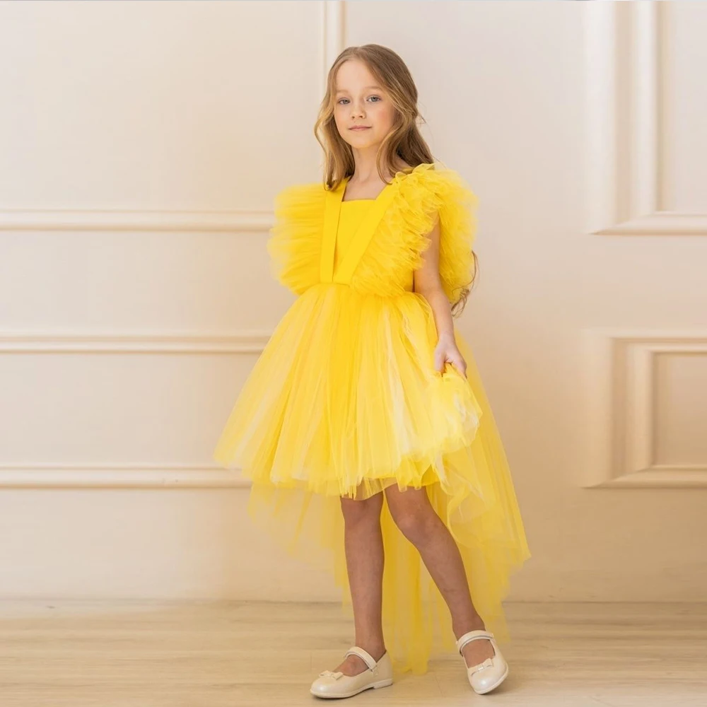 Yellow Hi-Low Tulle Flowers Girls Dresses Ruched Sleeveless Above Short Birthday Party Custom A Line Simple Vestido De Fiesta