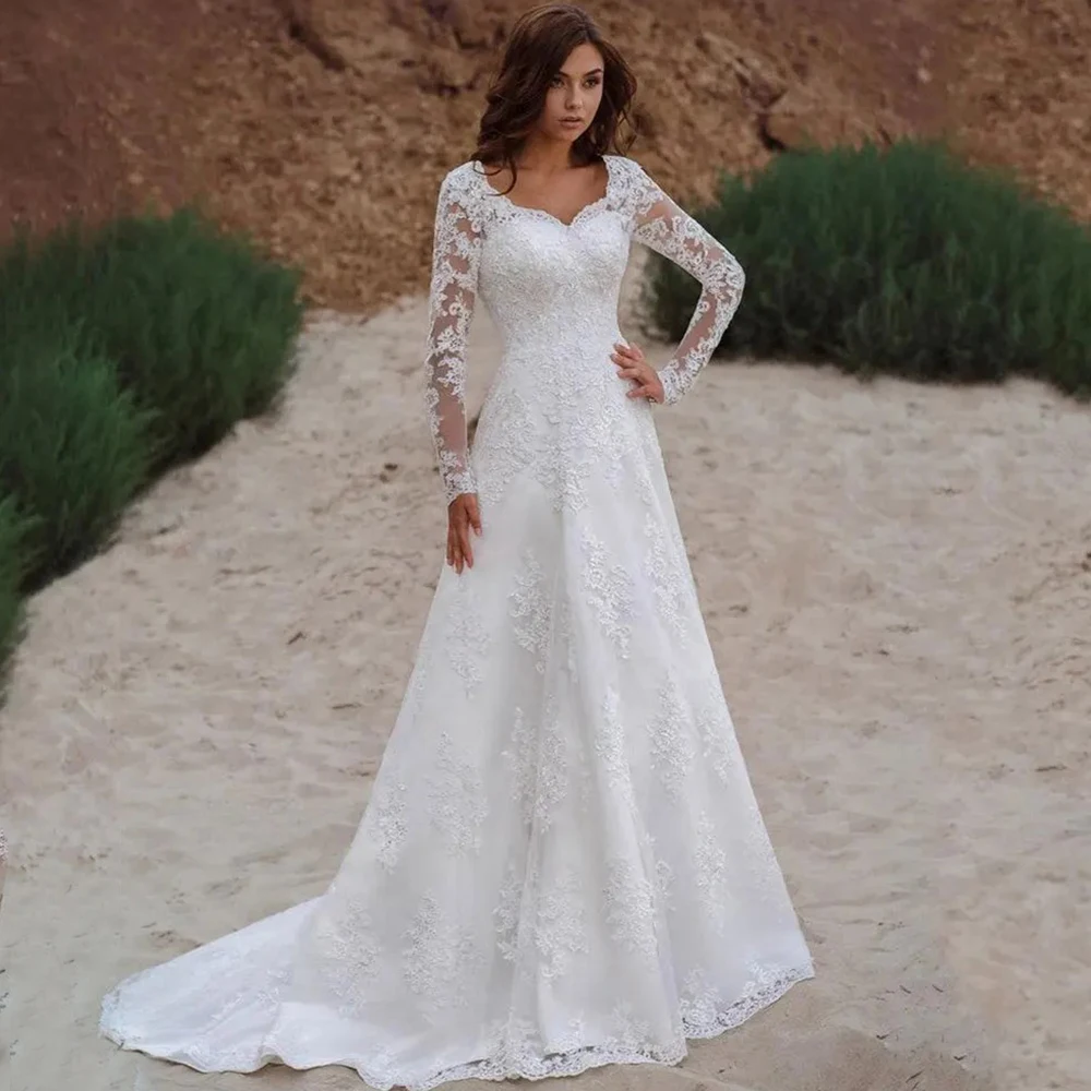 

Exquisite Applique Wedding Dress Classic A-Line Customized Illusion Tulle Long Sleeve Bride Sexy Backless Lace Up Gowns Robe