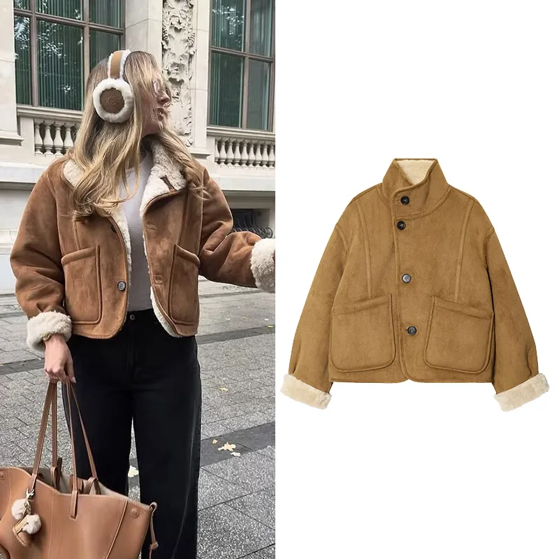 الخريف المرأة مزدوجة الوجه سترة عادية عالية الياقة كم طويل Pcoket سيدة عكسها فو الجلد المدبوغ معاطف الإناث شيك القمم