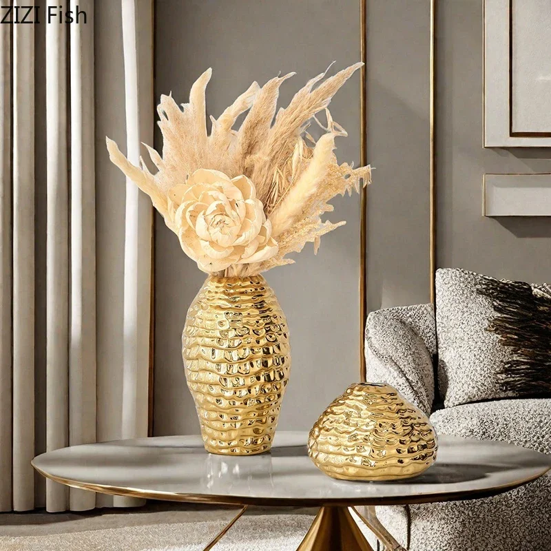 Golden Wrinkle Ceramic Vase Flowers Pots Desk Decoration Flower Arrangement Gold-plated Floral Vases Room Aesthetic Decor