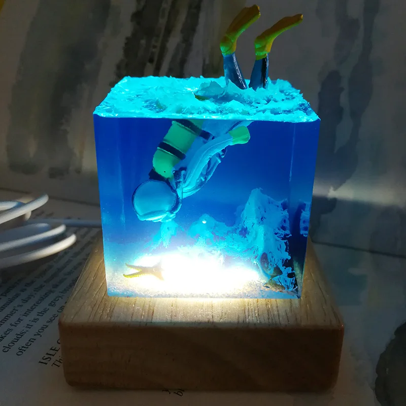 Marine Organism Cube Organism Resin Table Light Creactive Art Decoration Lamp Miniature Landscape Night Light USB Charge