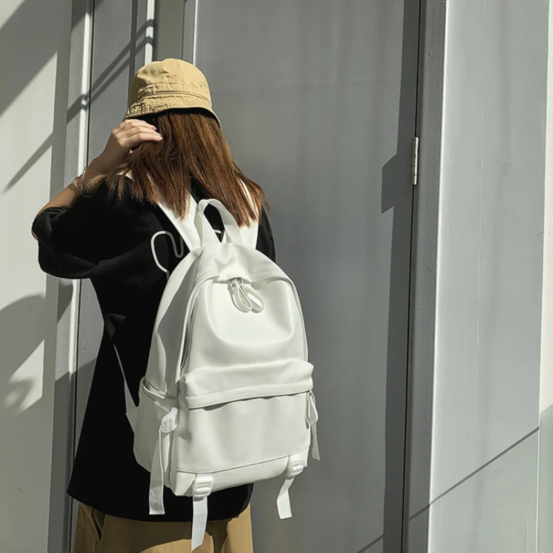 Ransel kulit minimalis besar wanita, tas punggung sekolah lucu warna polos gaya Jepang untuk perempuan muda