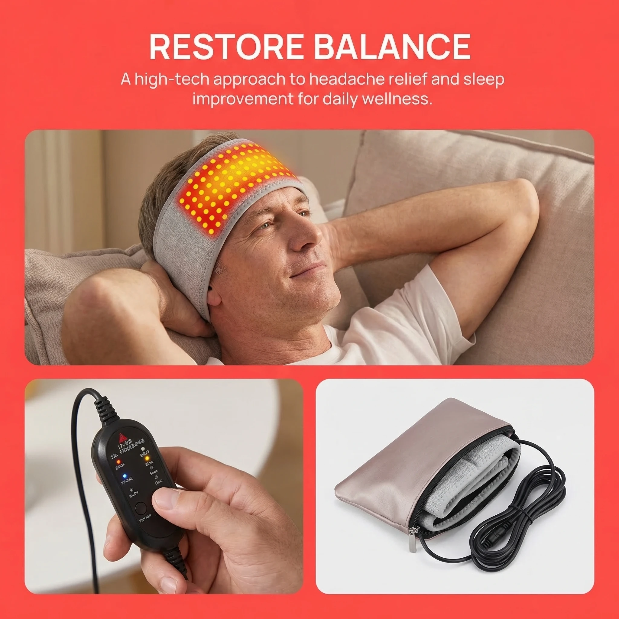 

Red Light Heated Pad Headband Forehead Compress Pad - 3-Gear Temp Control For Daily Head Muscle Relaxation