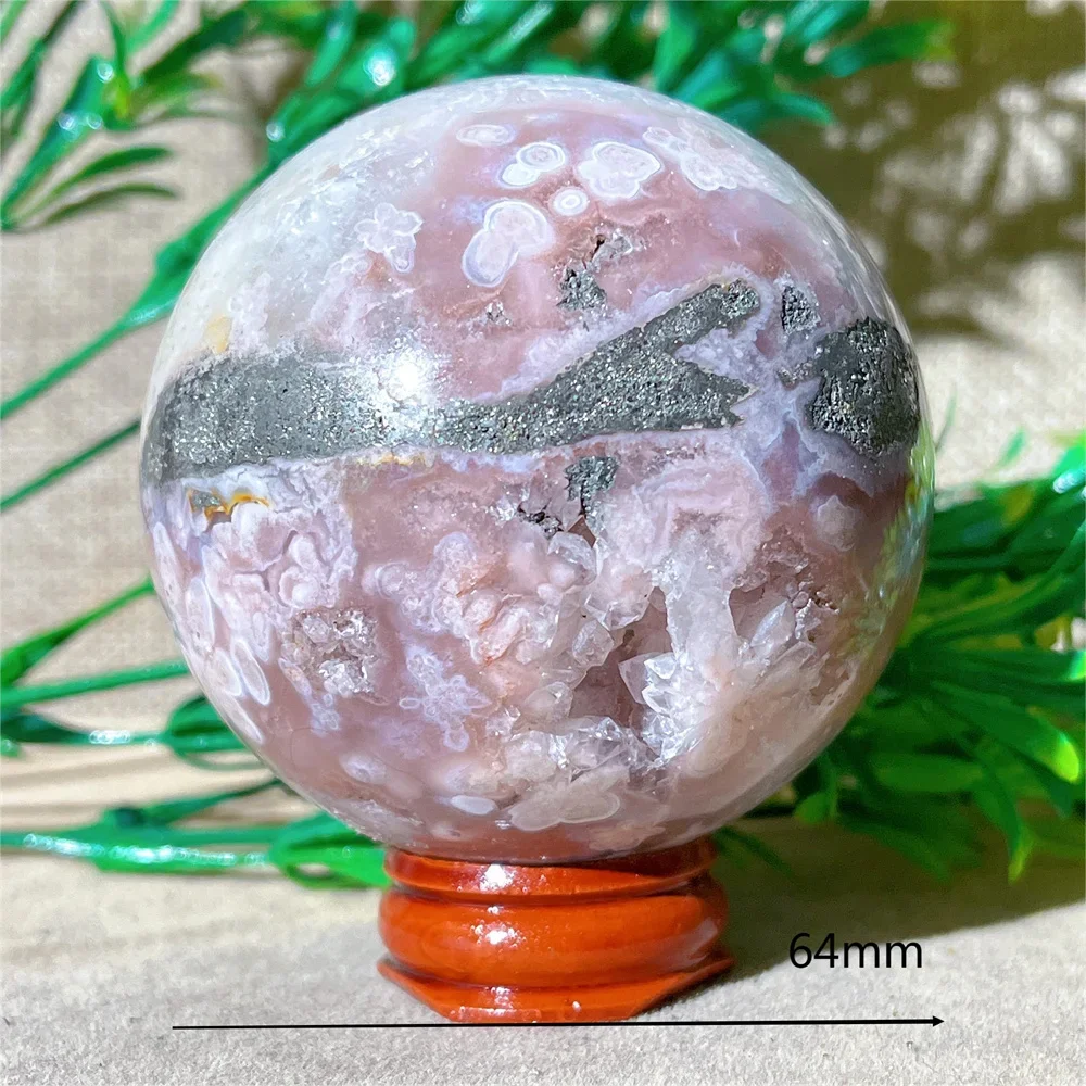 

Pink Amethyst Flower Agate Pyrite Sphere Ball Stone Quartz Gemstones Minerals Wicca Spiritual Reiki Home Decoration+Stand