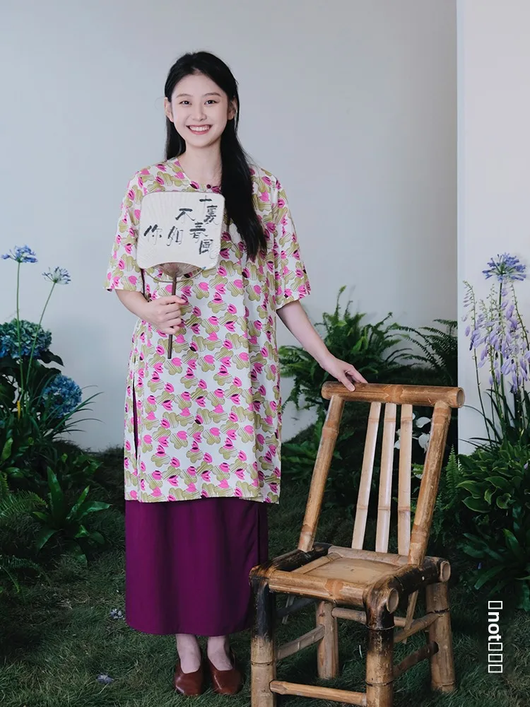 

Dr Chinese Sle Improved Qipao Dr round Ne Print Split Lotus Summer Faion Retro Commute Cotton Long Skirt