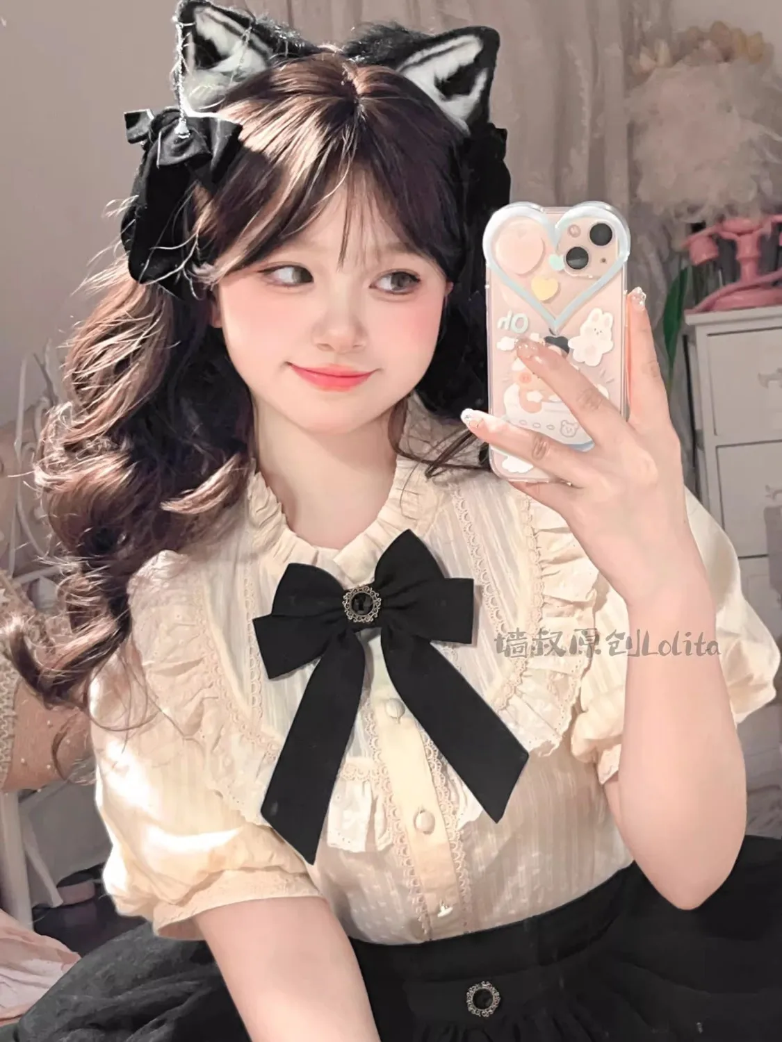 

Japan Lace Bow Ruffled Edge Short Sleeved Chiffon Shirt For Women'S Summer New Loose Slimming Belly Covering Casual Elegant Top