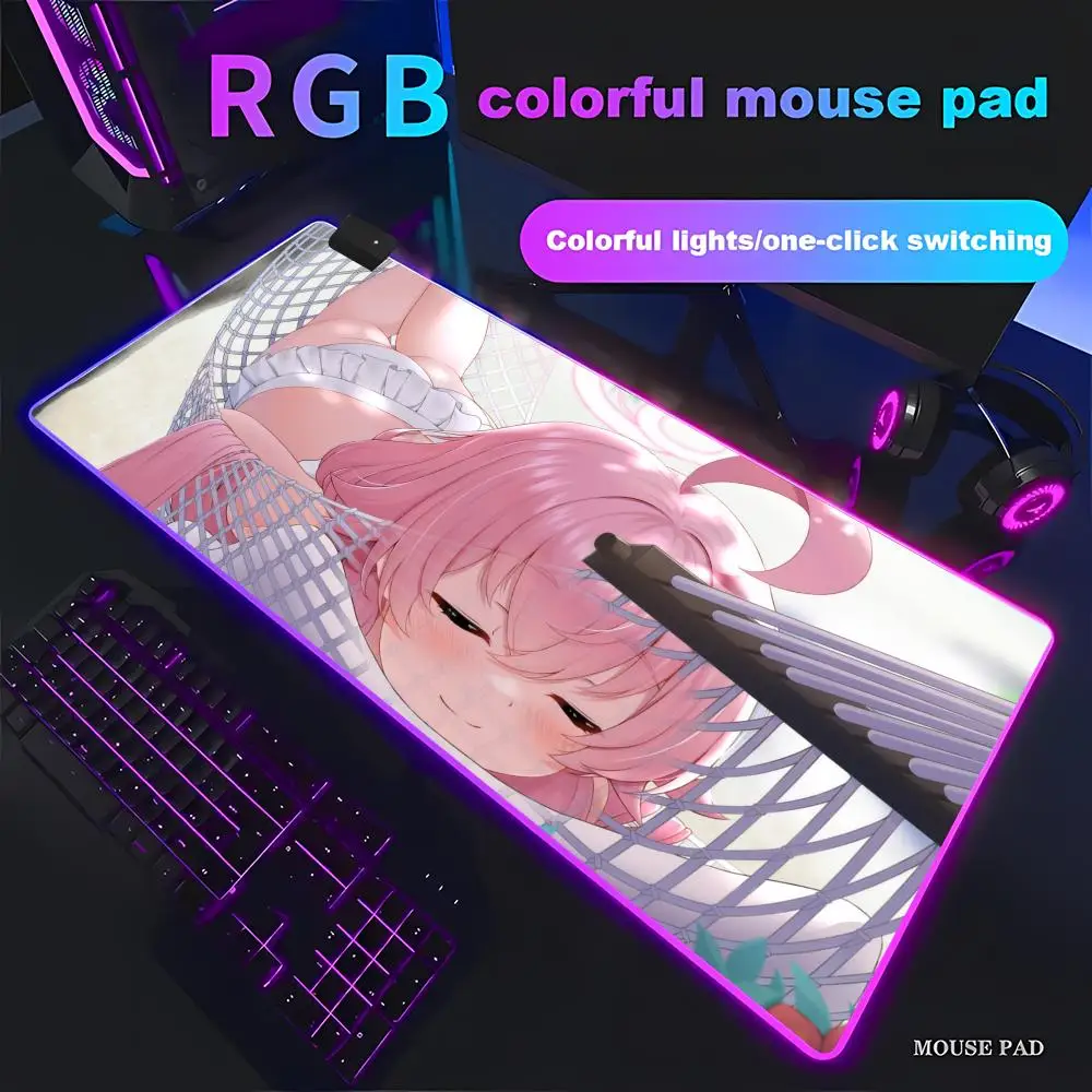

Pink Check Pattern Mousepad Blue Archive Gaming Games RGB Mouse Pad Gamer Large LED Light Takanashi Hoshino Anime Girl Mousepad