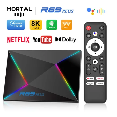 Mortal R69 Plus 스마트 TV 박스 안드로이드 14 Allwinner H728 듀얼 WiFi 지원 8K Chromecast 음성 지원 제어 텔레비전 스마트 TV 