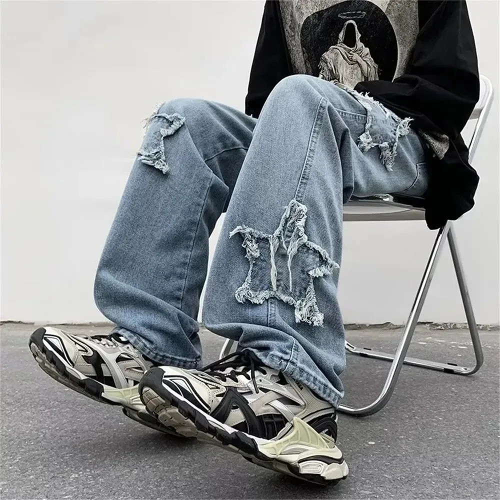 Fashion Mens Jeans Stars Towel Embroidery Baggy Men Jeans Y2K Clothes Straight Hip Hop Cotton Trousers Streetwear Men Clothing