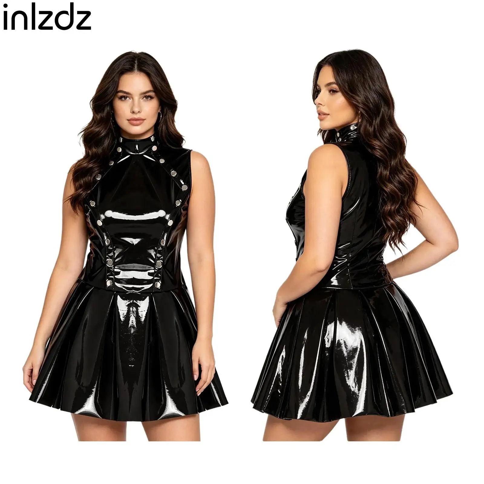 

Adults Women Glossy Vinyl Dress Wet Look Open Front Press Button Overlay Sleeveless Pleated Hem for Nightclub Rave Party