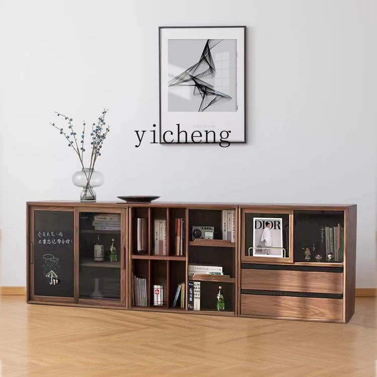 ZK solid wood combined cabinet black walnut bookcase storage display storage floor TV cabinet home decor