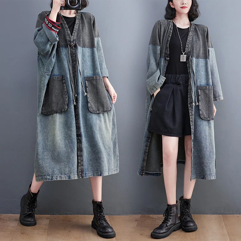 

Waed Denim Jaet Women Loose Oversize Casual Color Blo Large ket Long Sle Coat Vintage V Ne Long Sve Cardigan