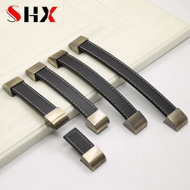 96mm-192mm Leather Handles Bag Handle Wardrobe Drawer Door Knob Brown Black Furniture Handle Shoe Cabinet Door Cabinet Dresser